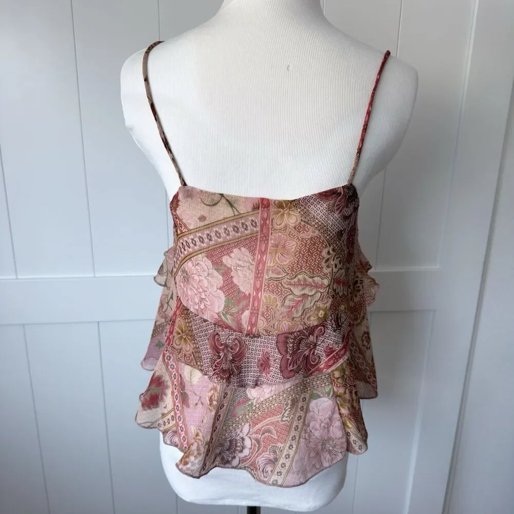 Patchwork Floral Ruffle Tiered Cami Top S MNG Mango Boho Smocked Peplum Summer - Picture 2 of 16